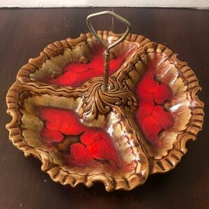 - Vintage Red And Brown Serving Platter. Removeable Handle. 11”